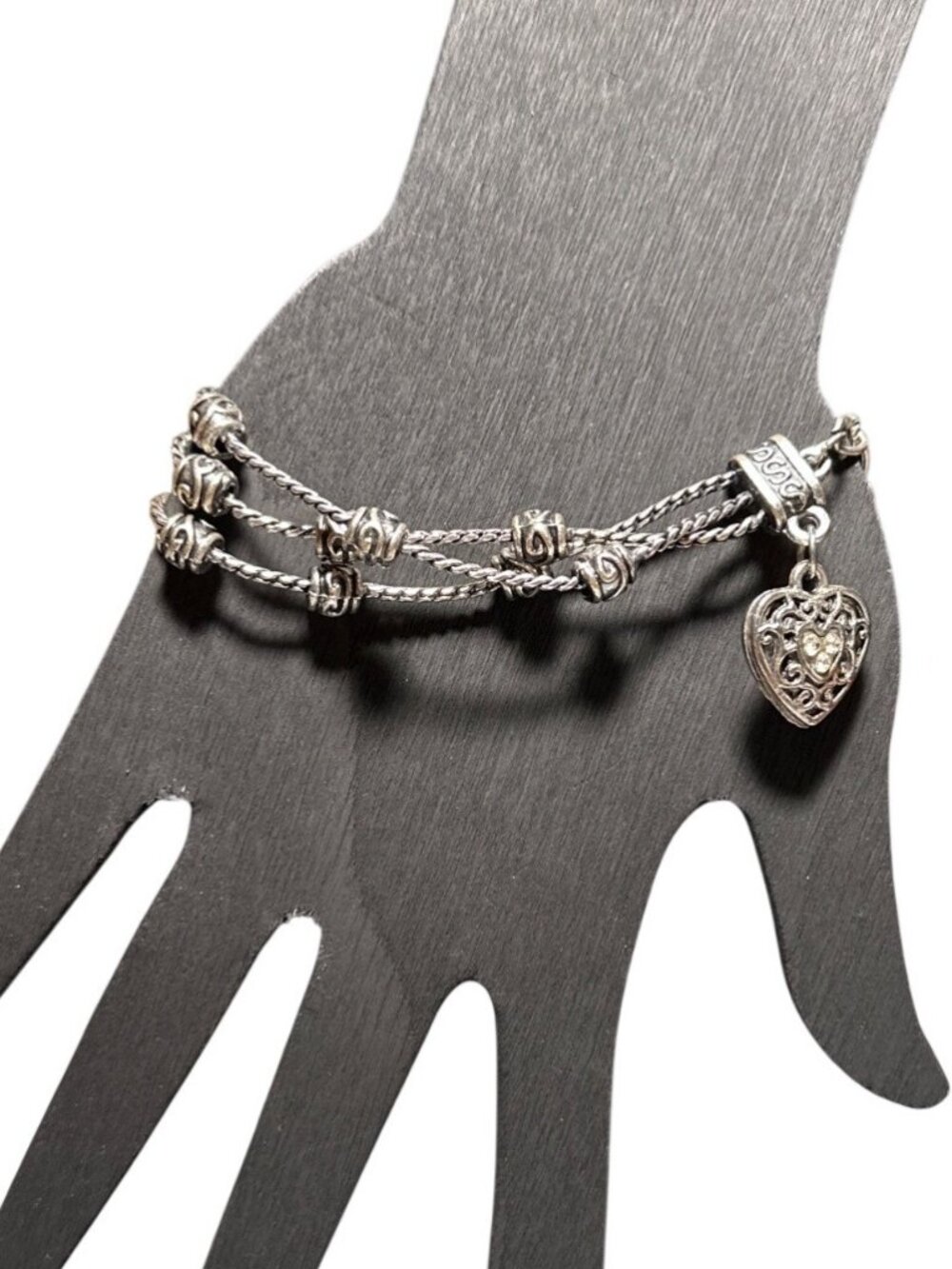 Brighton Silvertone Reno Bracelet Heart Crystals 3 Strand Reversible Womens
